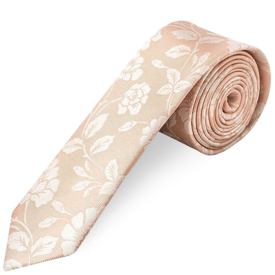 Pink with White Floral Silk Skinny Tie and Pocket Square Set