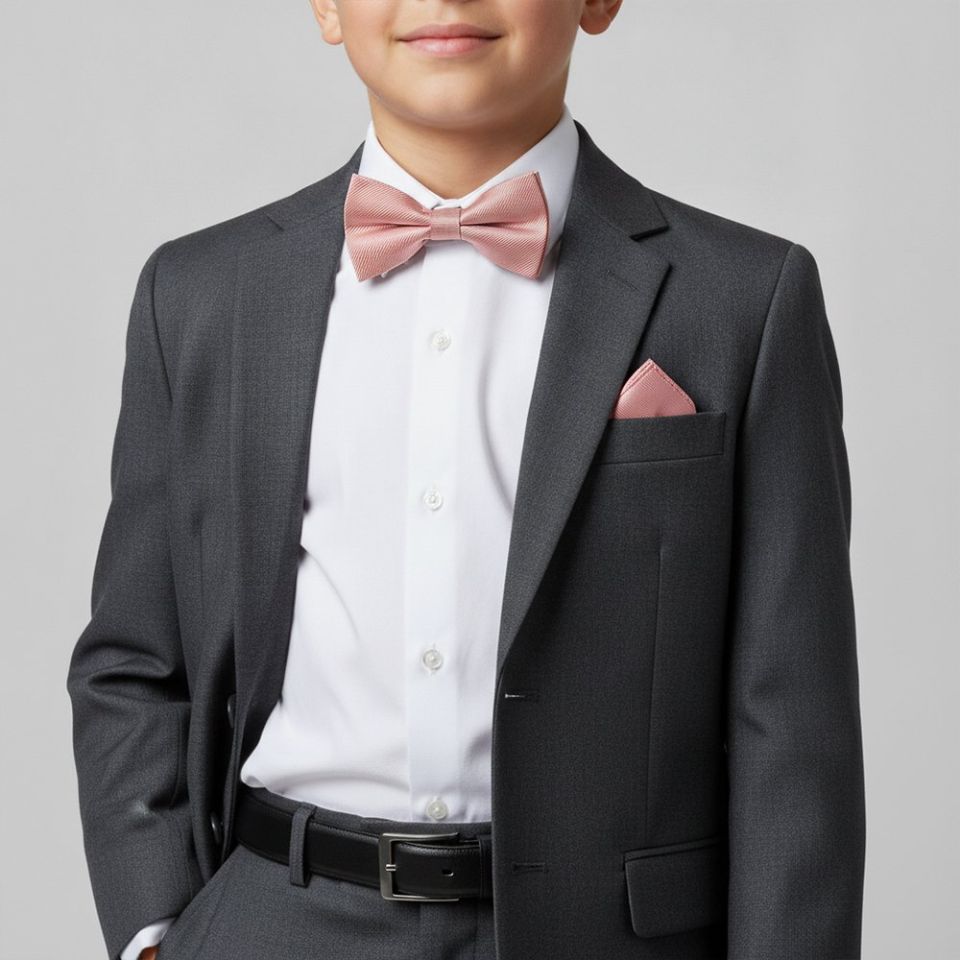 Pre Tied Dusty Rose Twill Silk Boys Bow Tie and Pocket Square Set