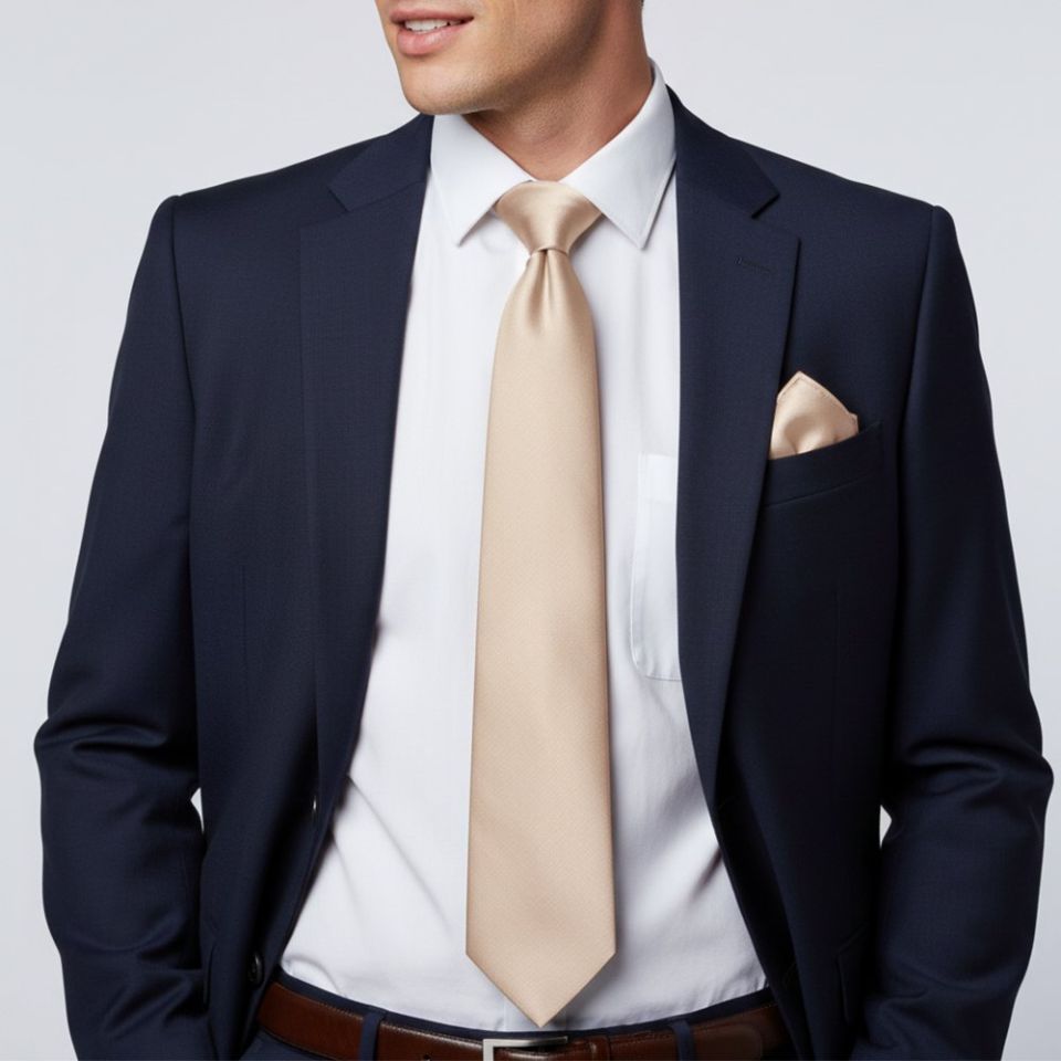 Plain Nude Satin Classic Men's Tie and Pocket Square Set