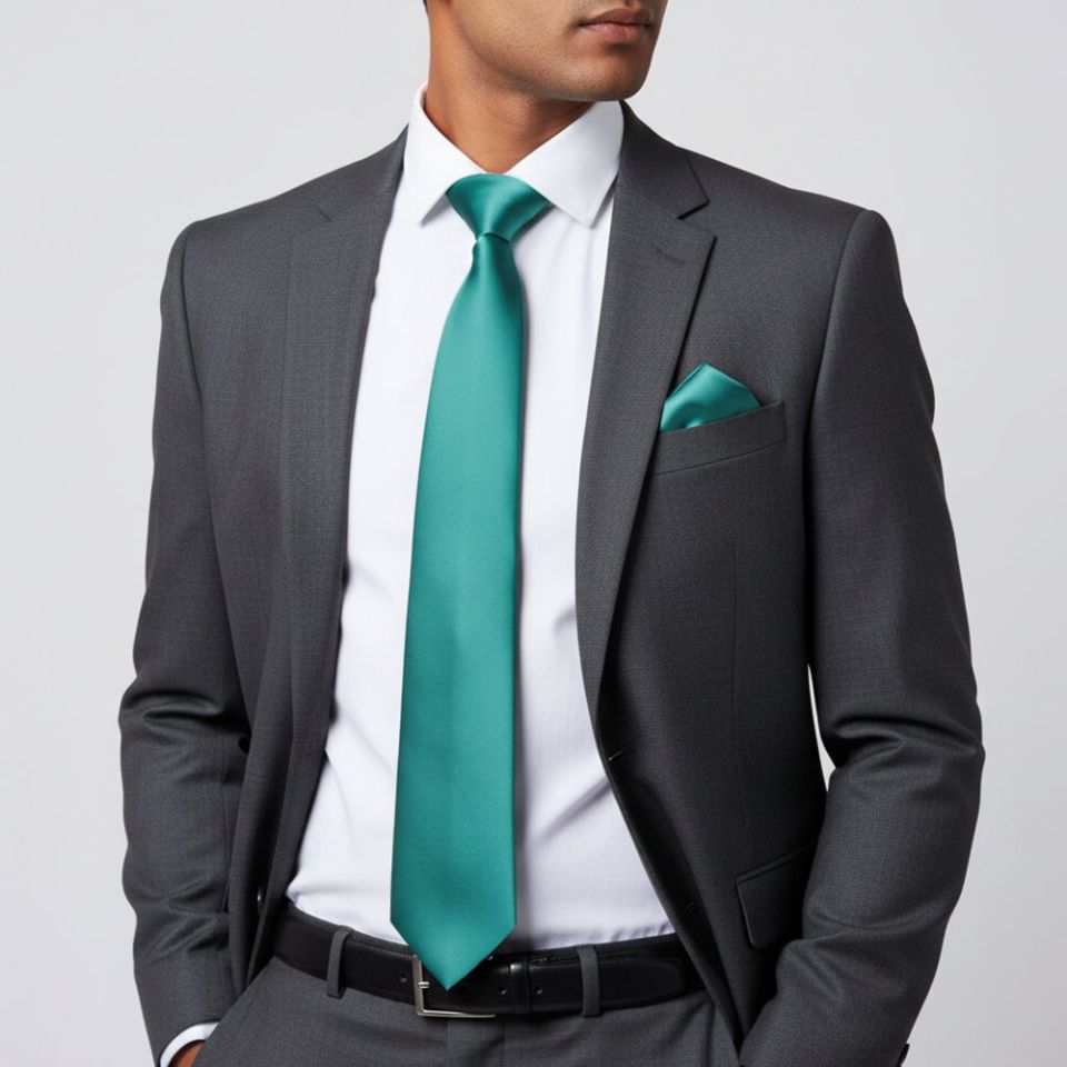 Plain Teal Green Satin Classic Men's Tie Pocket Square Set