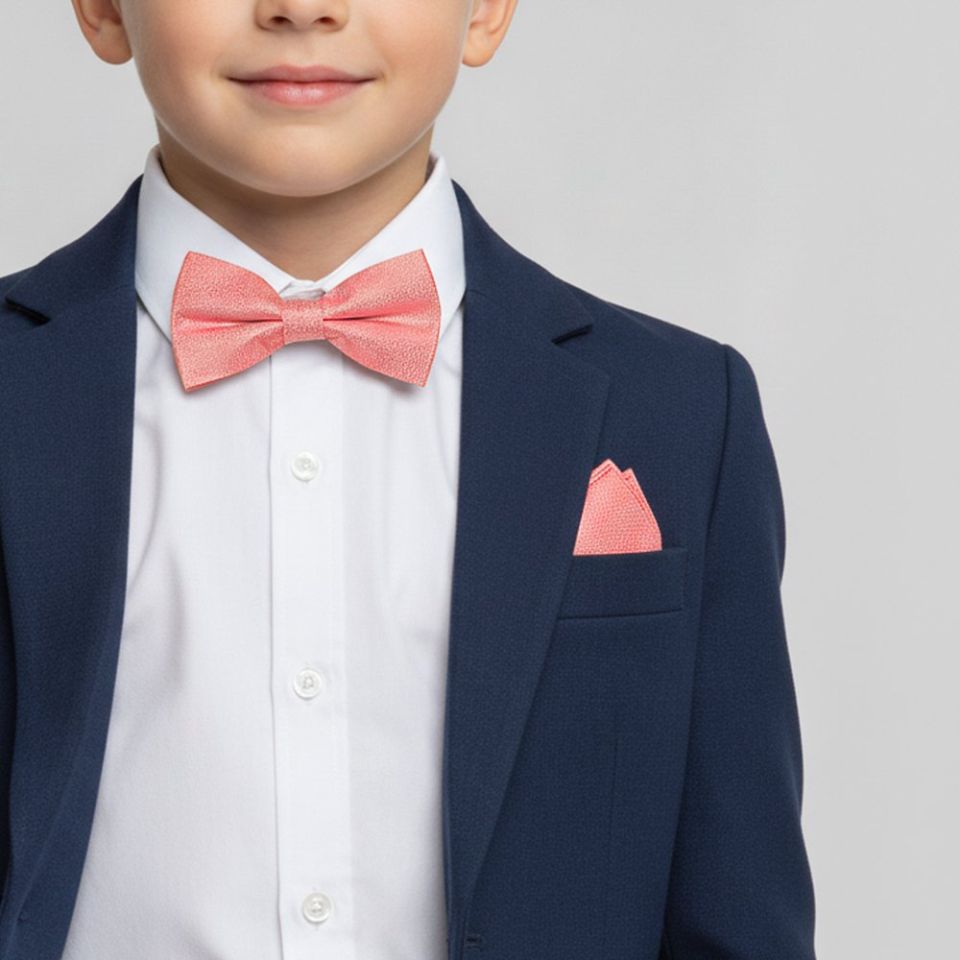 Pre Tied Pink Textured Silk Boys Bow Tie and Pocket Square Age 4-7