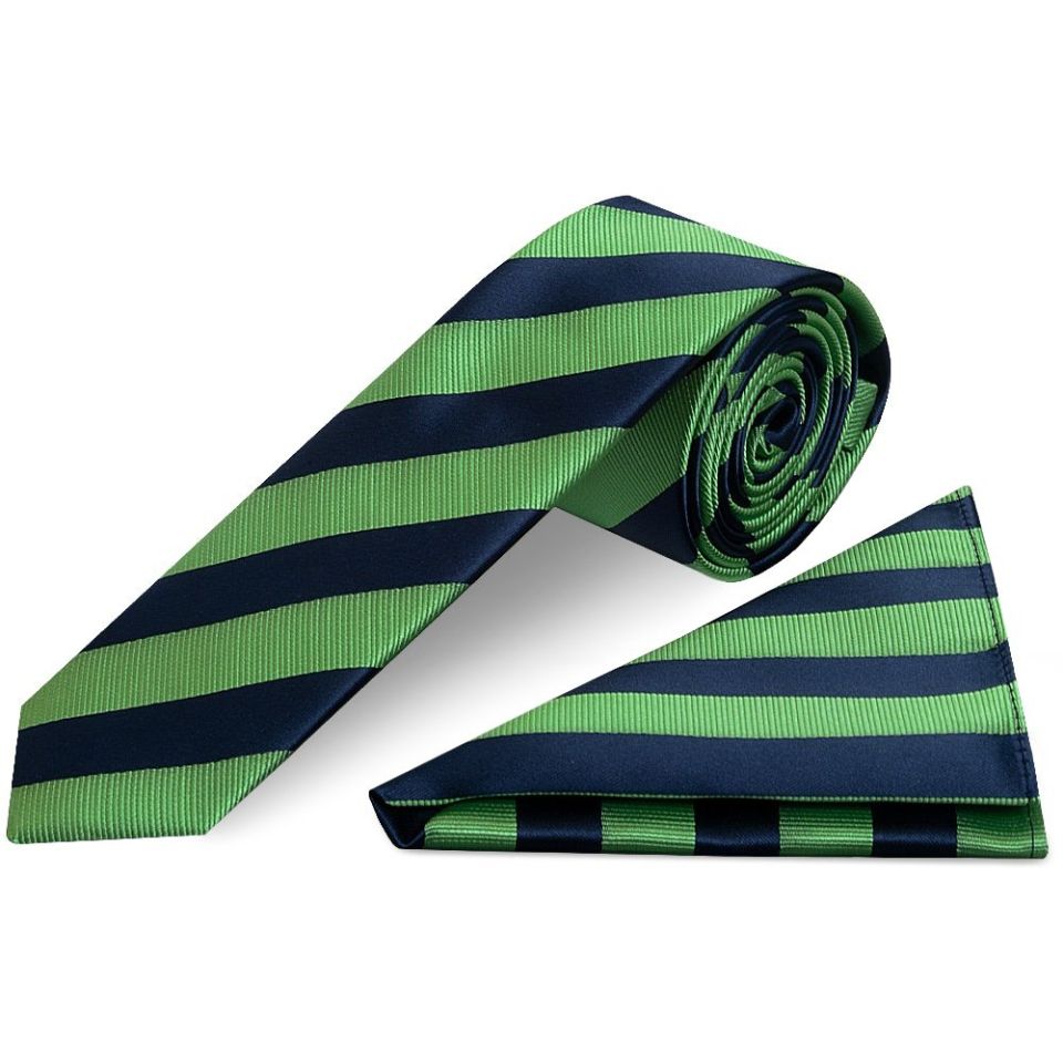 Navy and Lime Striped Skinny Men's Tie and Pocket Square Set