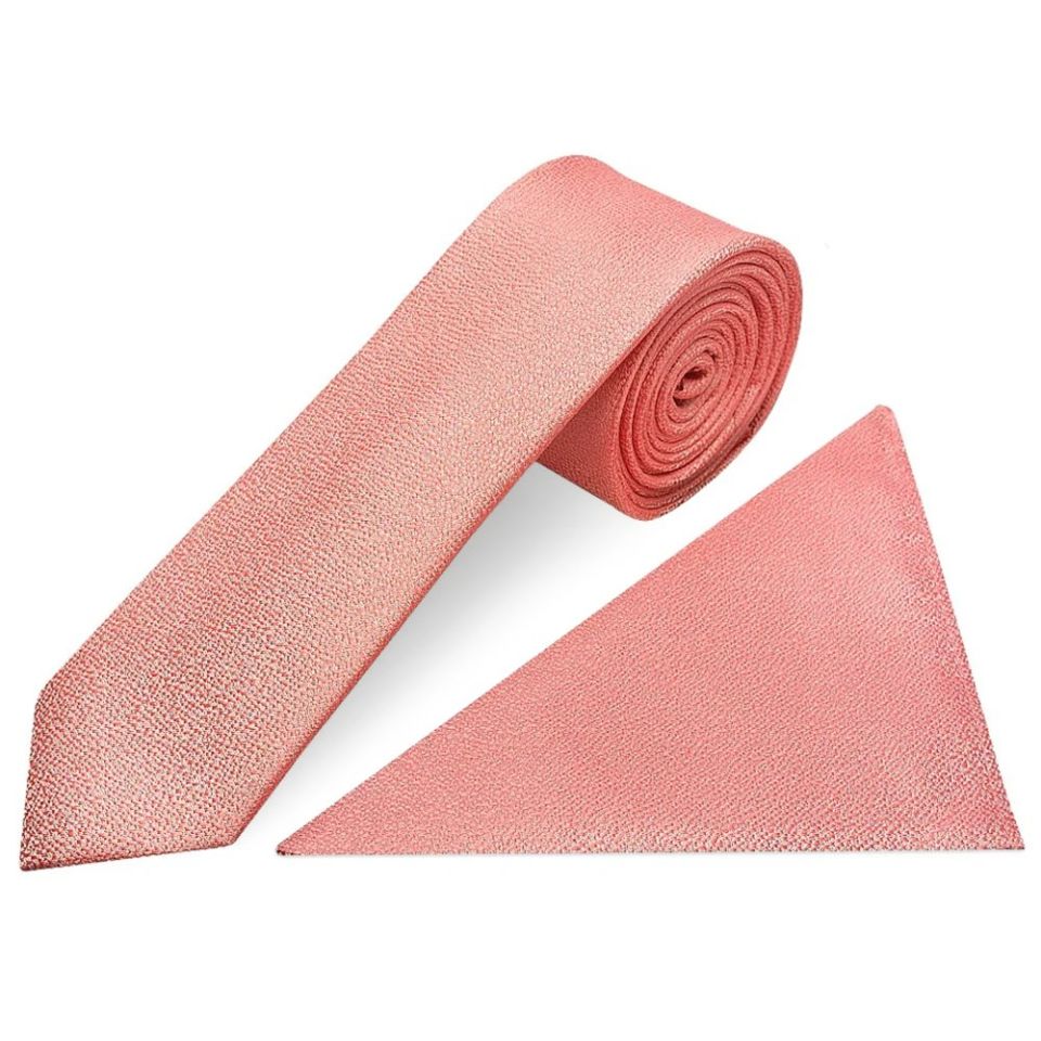 Plain Pink Textured Silk Skinny Boys Tie and Pocket Square Set