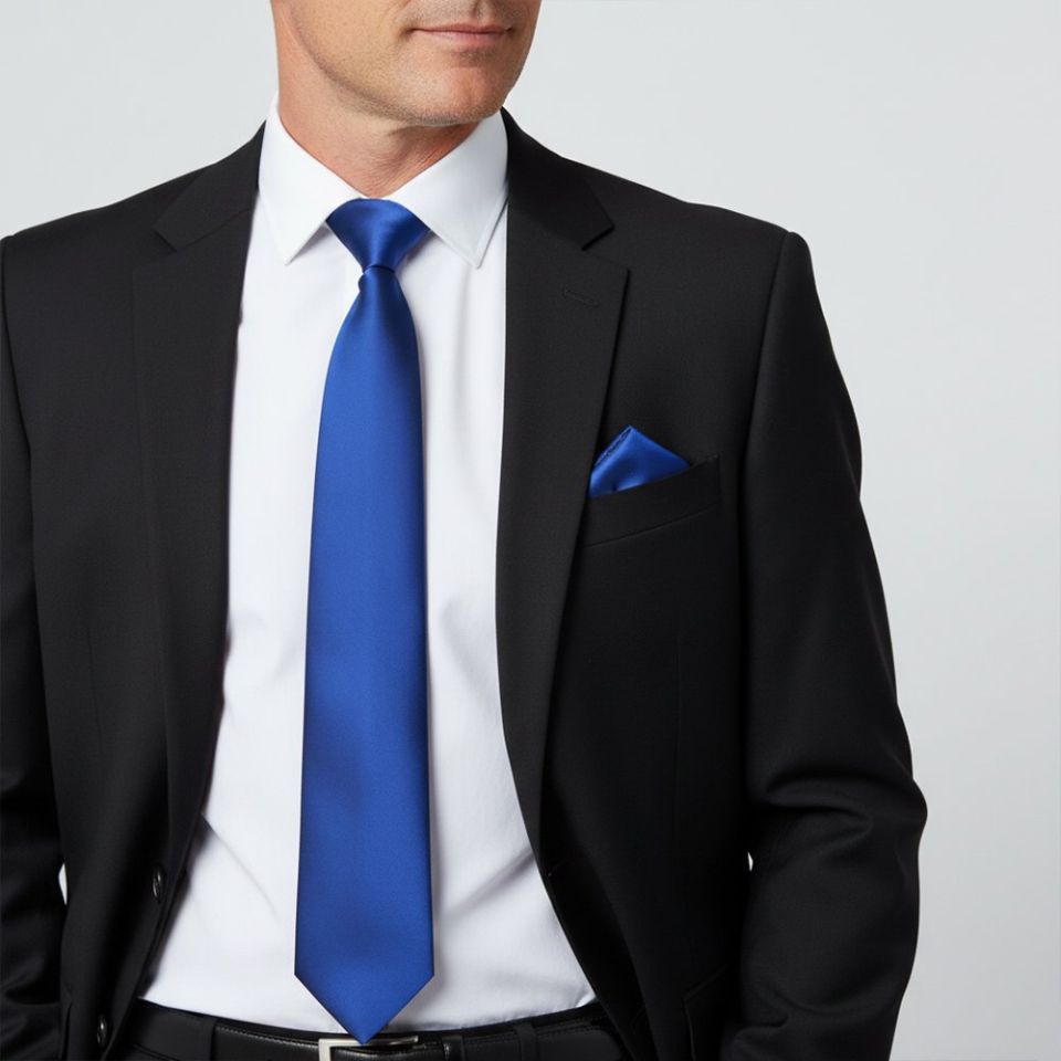 Plain Royal Blue Satin Classic Men's Tie and Pocket Square Set