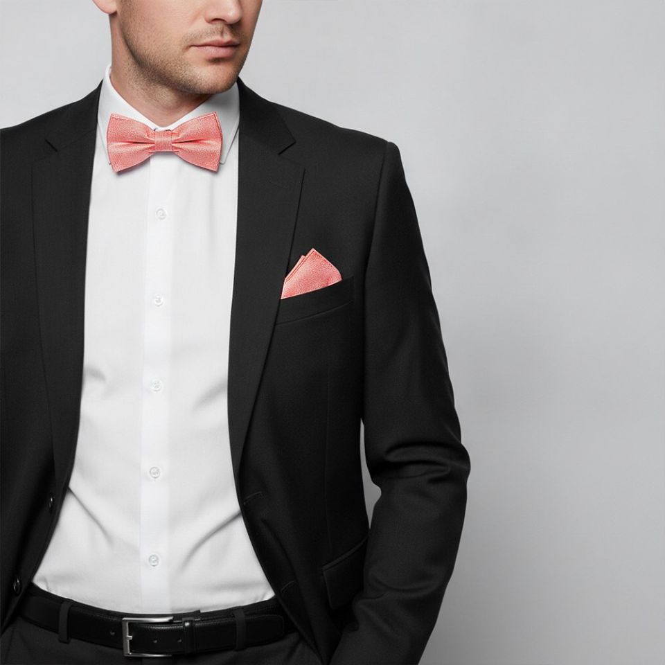 Plain Pink Textured Silk Mens Bow Tie and Pocket Square Set