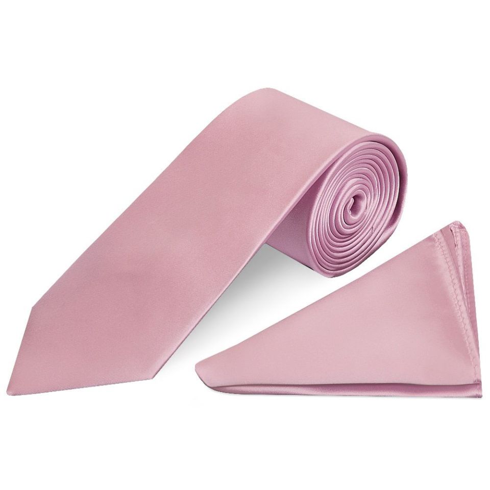 Plain Light Dusty Pink Satin Classic Men's Tie and Pocket Square Set