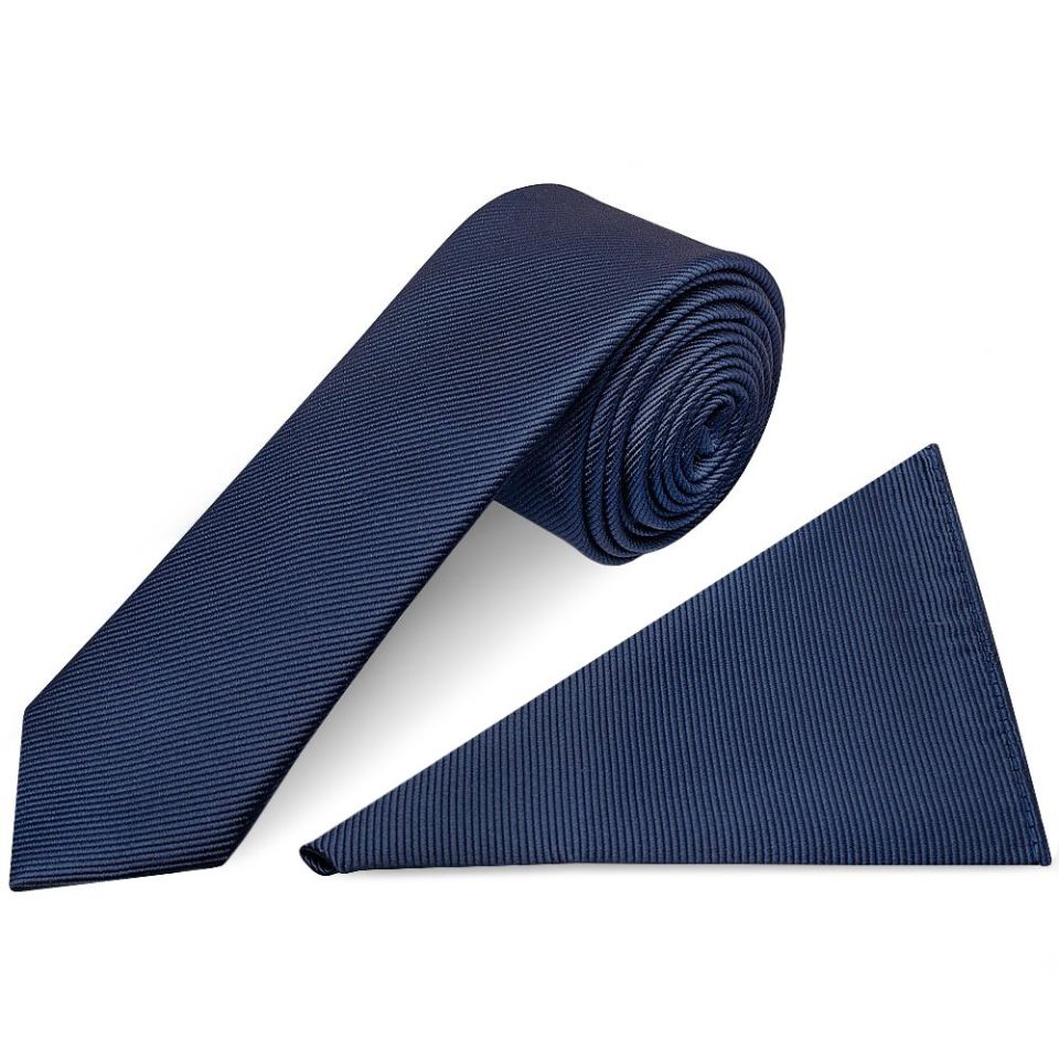 French Navy Silk Twill Skinny Mens Tie and Pocket Square Set