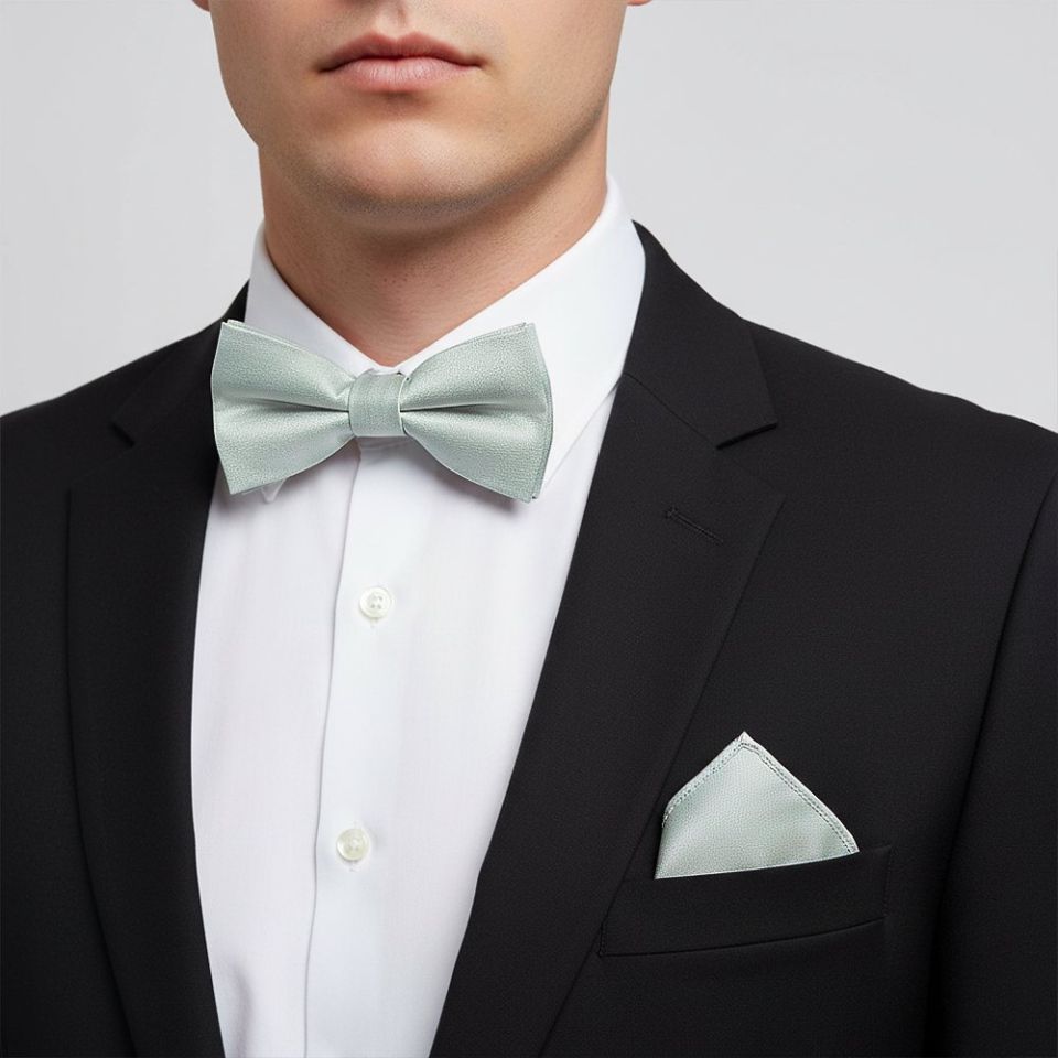 Mens Plain Duck Egg Silk Bow Tie and Pocket Square Set