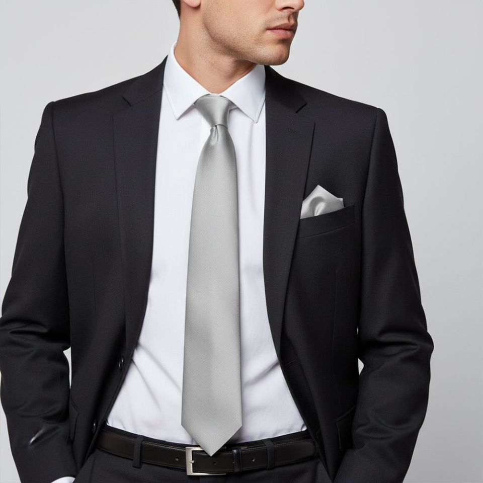 Plain Silver Satin Classic Men's Tie and Pocket Square Set