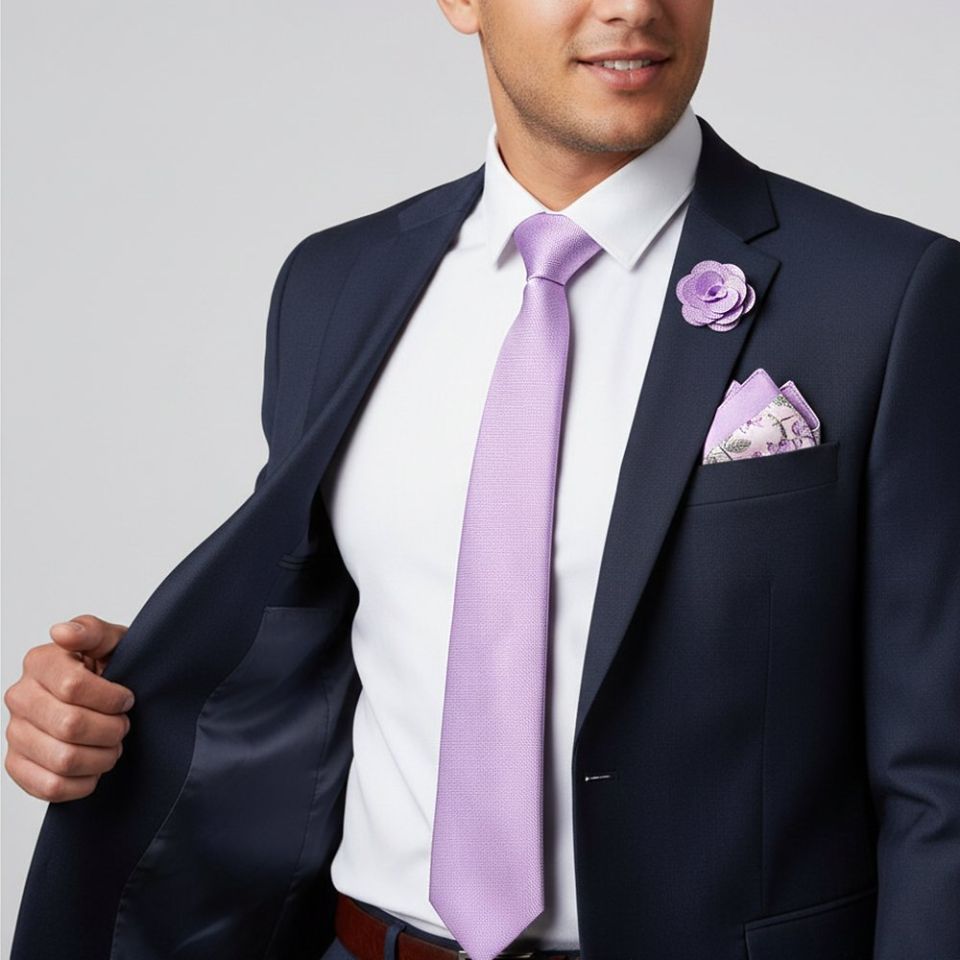Classic Lilac Mens Tie with Pocket Square and Lapel Pin Set