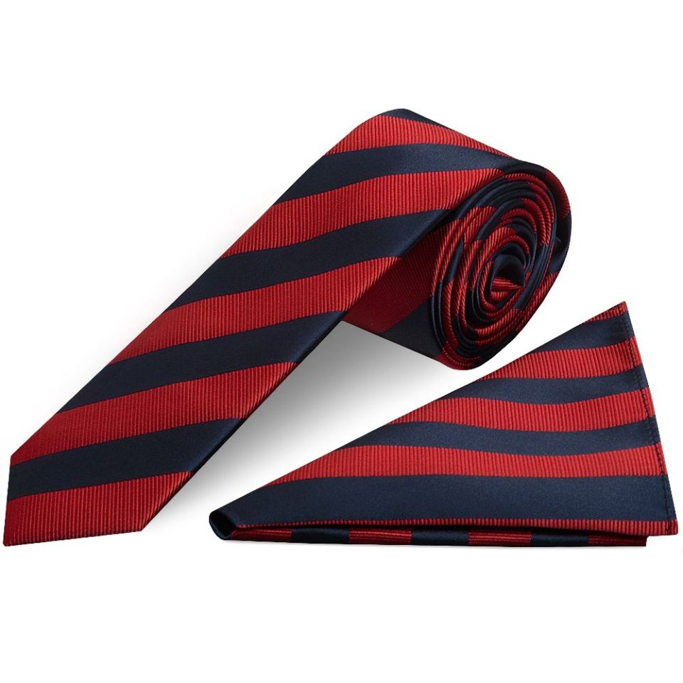 Navy and Red Striped Skinny Men's Tie and Pocket Square Set