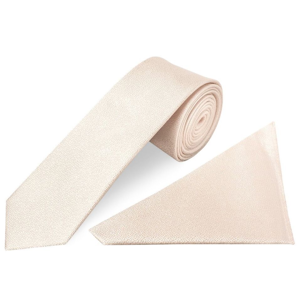 Plain Blush Textured Silk Skinny Boys Tie and Pocket Square Set