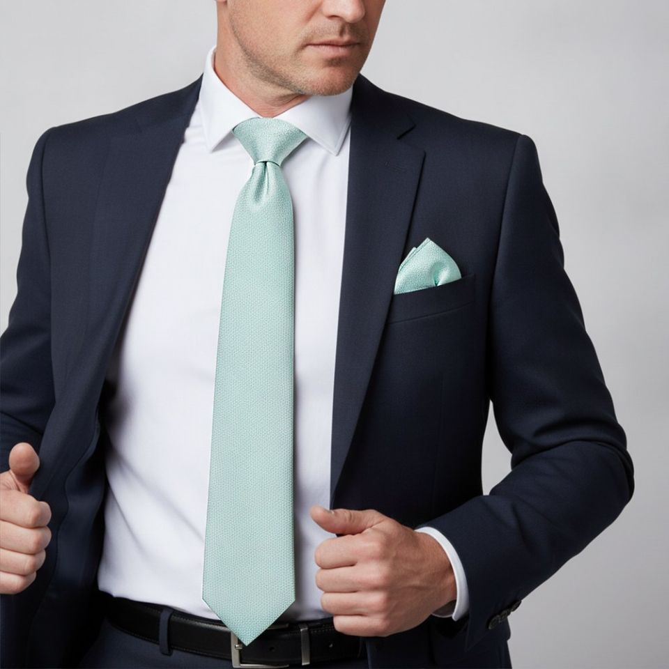 Plain Seafoam Blue Silk Classic Men's Tie and Pocket Square Set