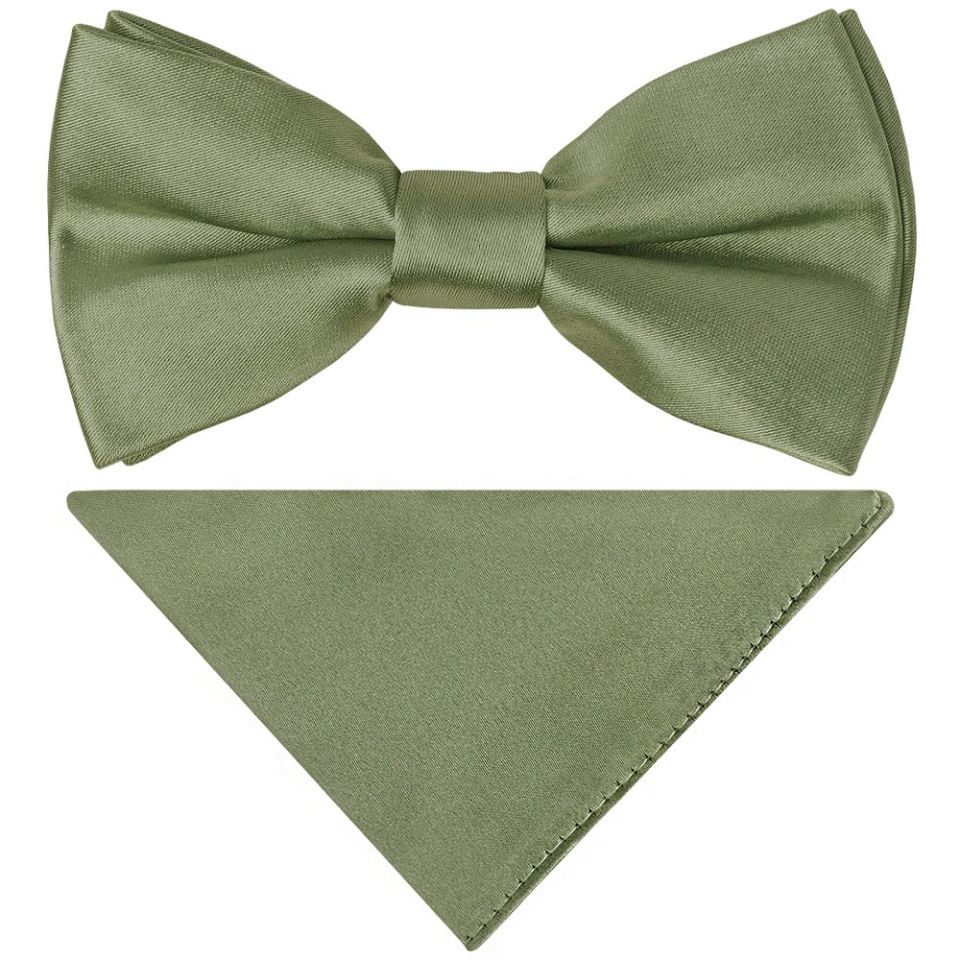 Pre Tied Plain Olive Green Satin Boys Bow Tie and Pocket Square Set Age 4-7