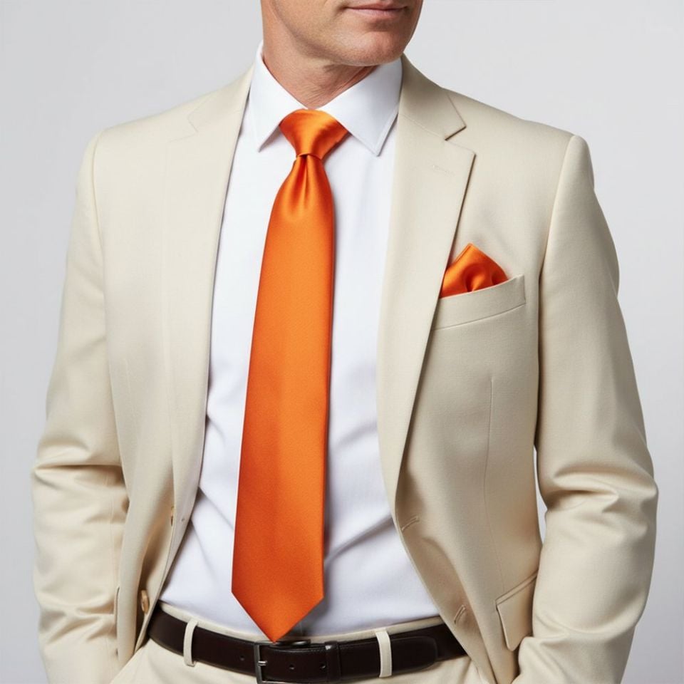Plain Orange Satin Classic Men's Tie and Pocket Square Set