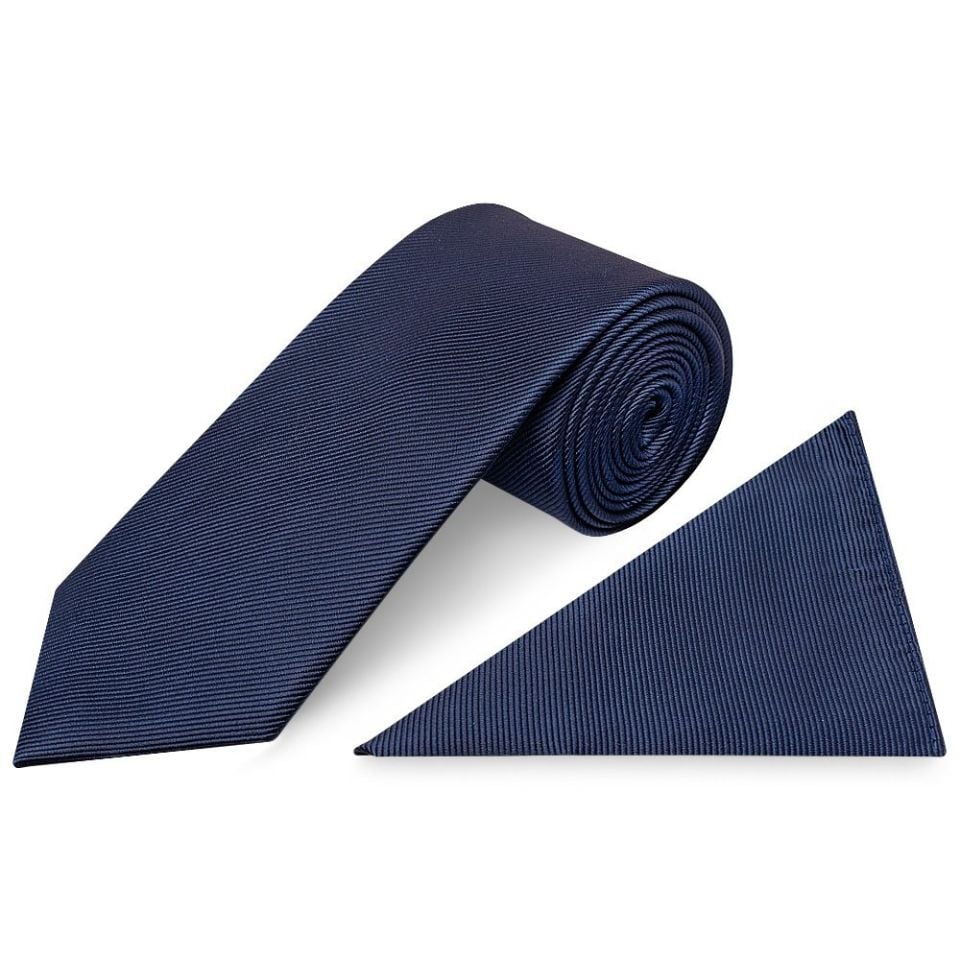 French Navy Silk Twill Classic Mens Tie and Pocket Square Set