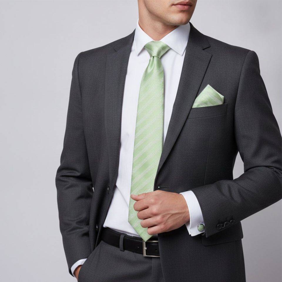 Light Sage Textured Stripe Mens Silk Classic Tie Pocket Square and Cufflinks Box Set