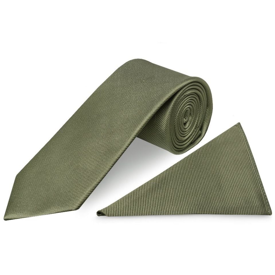Olive Silk Twill Classic Men's Tie and Pocket Square Set