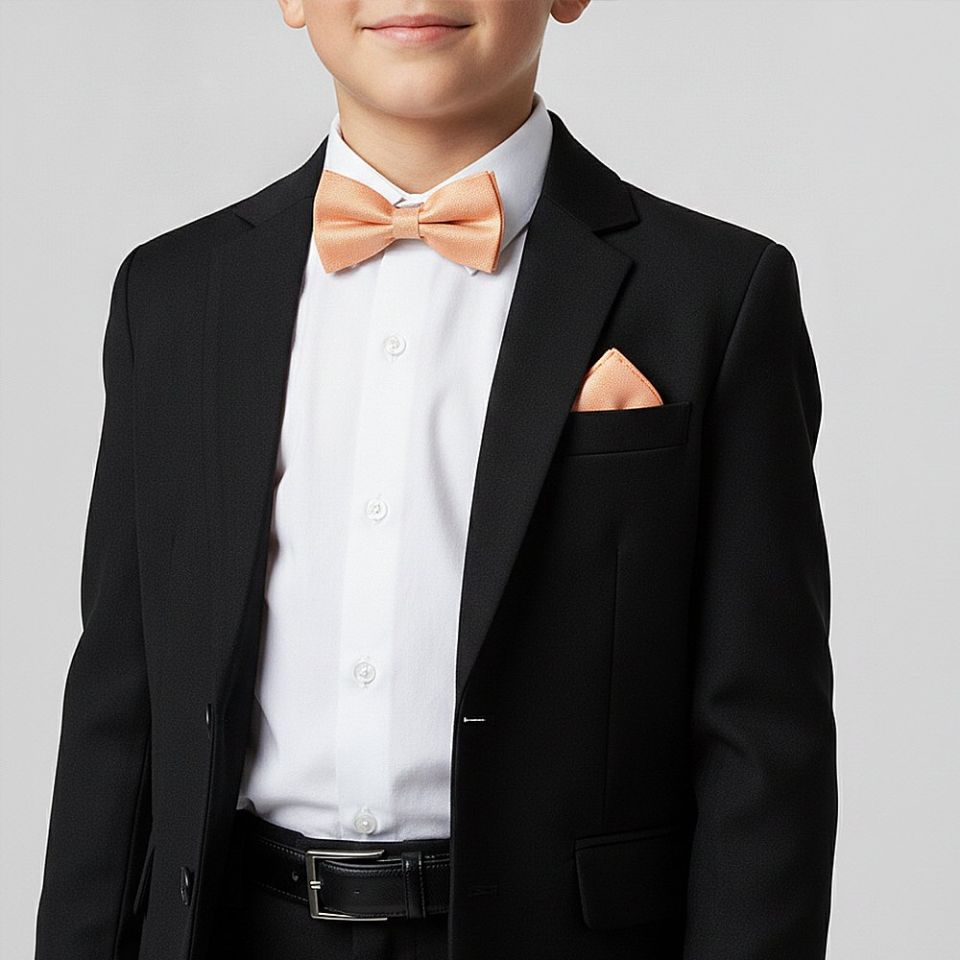 Pre Tied Peach Textured Silk Boys Bow Tie and Pocket Square Set