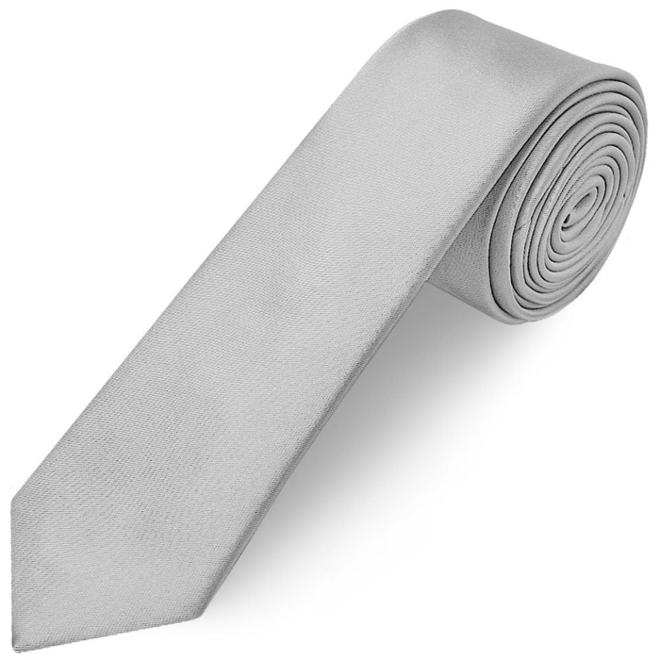 Plain Silver Satin Skinny Men's Tie and Pocket Square Set