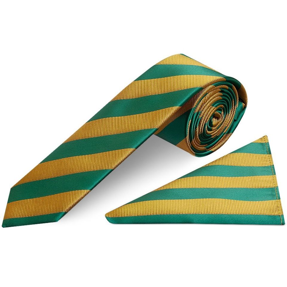 Green and Gold Striped Skinny Men's Tie and Pocket Square Set