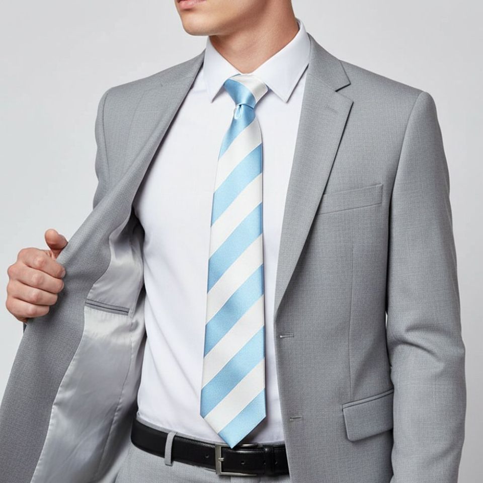 Sky Blue and White Striped Hand Made Classic Men's Football Tie