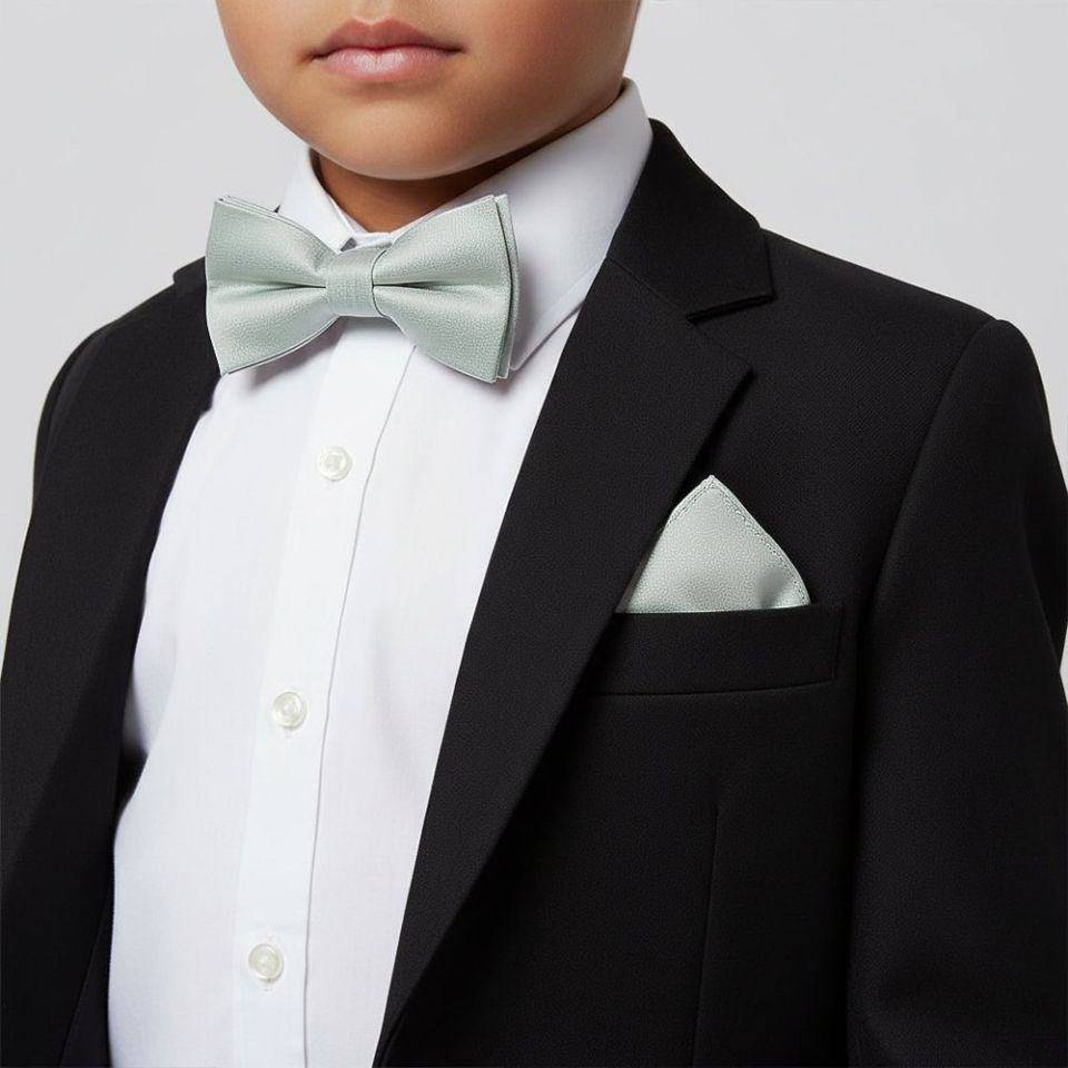 Pre Tied Duck Egg Silk Boys Bow Tie and Pocket Square Set Age 4-7