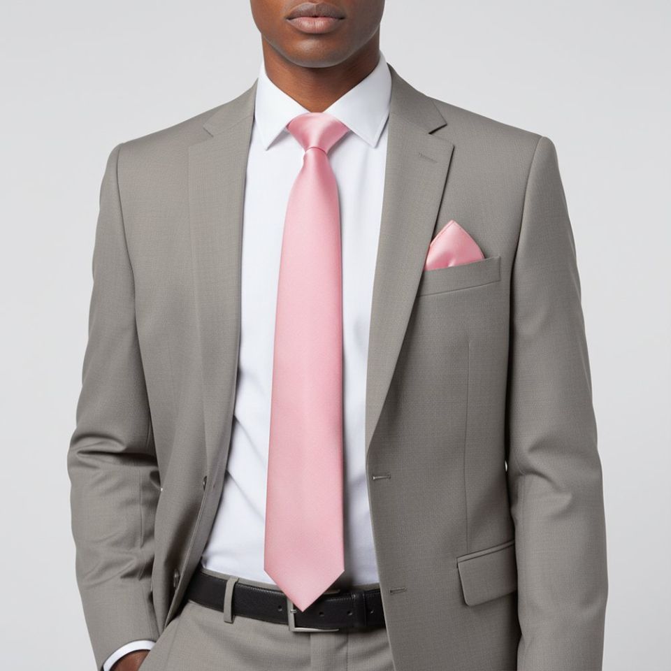 Plain Pink Satin Classic Men's Tie and Pocket Square Set