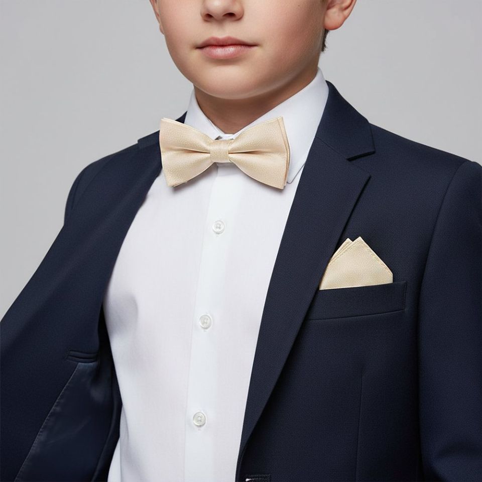 Boys Pre Tied Champagne Silk Bow Tie and Pocket Square Set Age 8-11