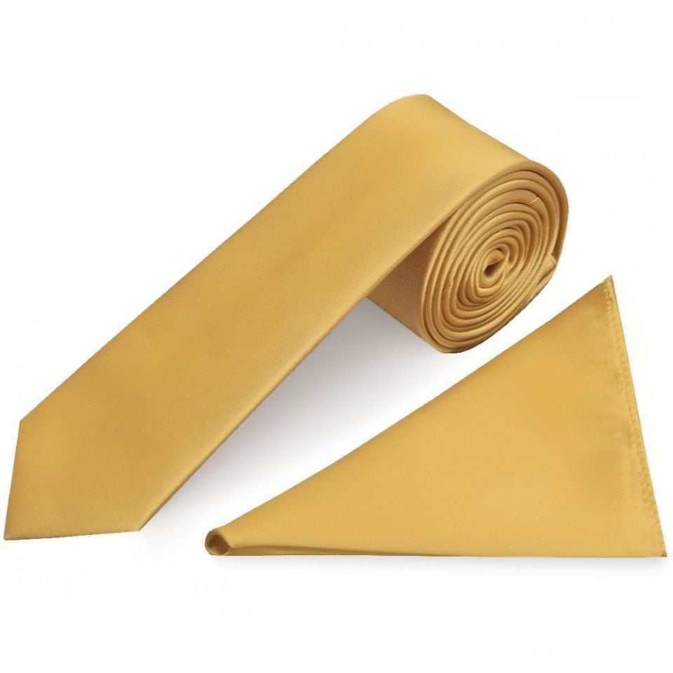 Plain Caramel Satin Skinny Boys Tie and Pocket Square Set