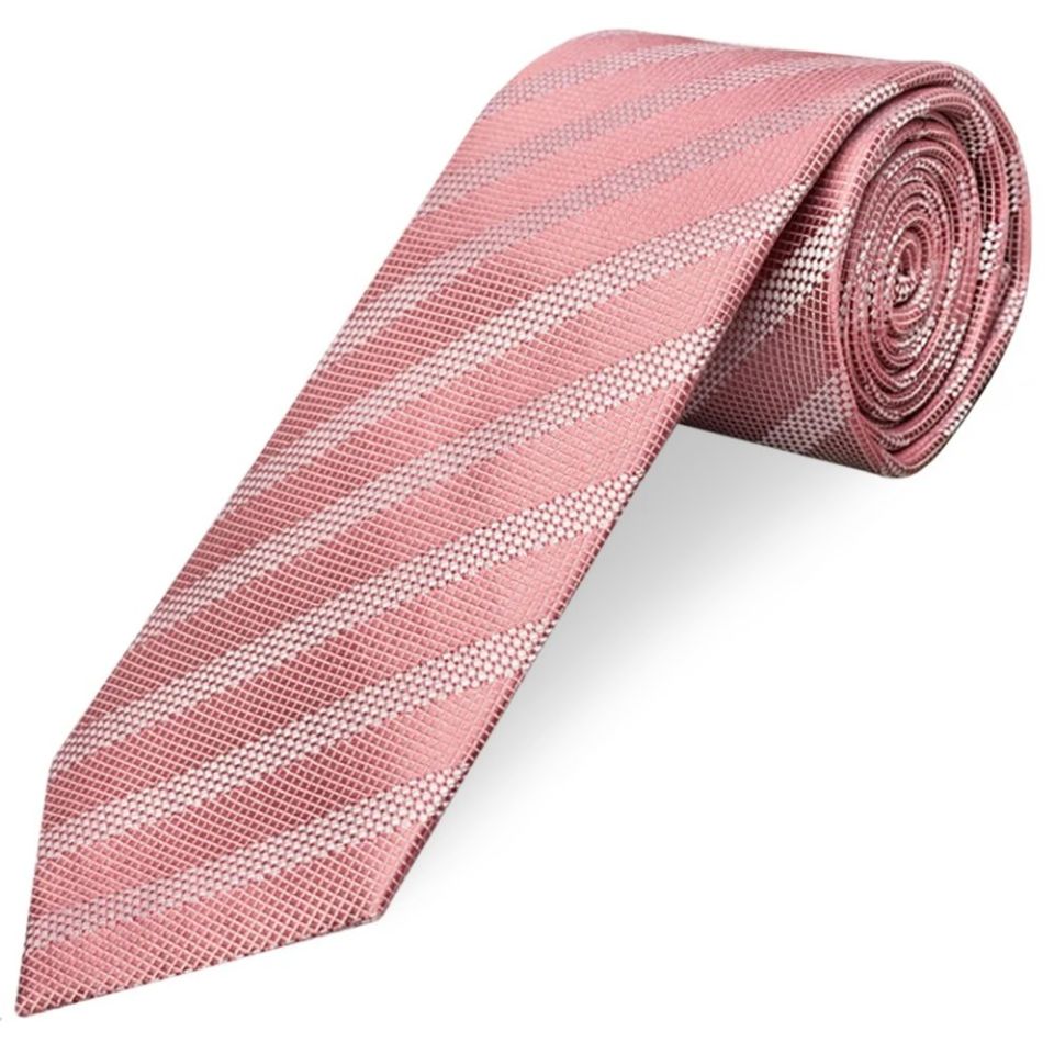 Dusty Pink Textured Stripe Mens Silk Classic Tie Pocket Square and Cufflinks Box Set