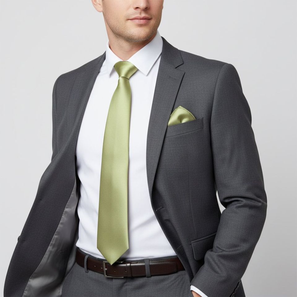 Plain Sage Green Satin Classic Men's Tie and Pocket Square Set