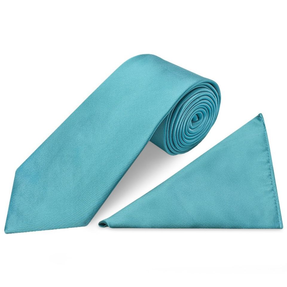 Plain Turquoise Satin Classic Men's Tie and Pocket Square Set