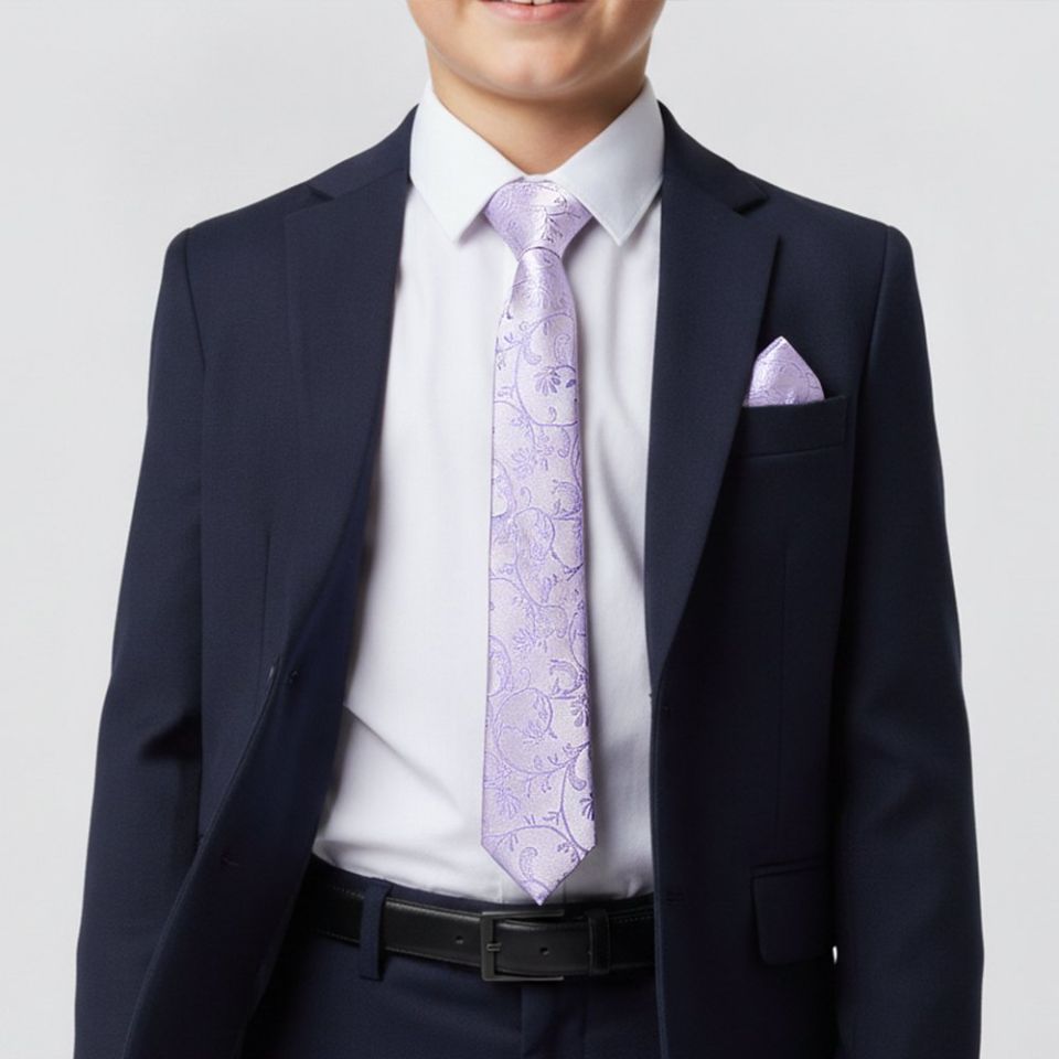 Lavender Floral Skinny Boys Tie and Pocket Square Set