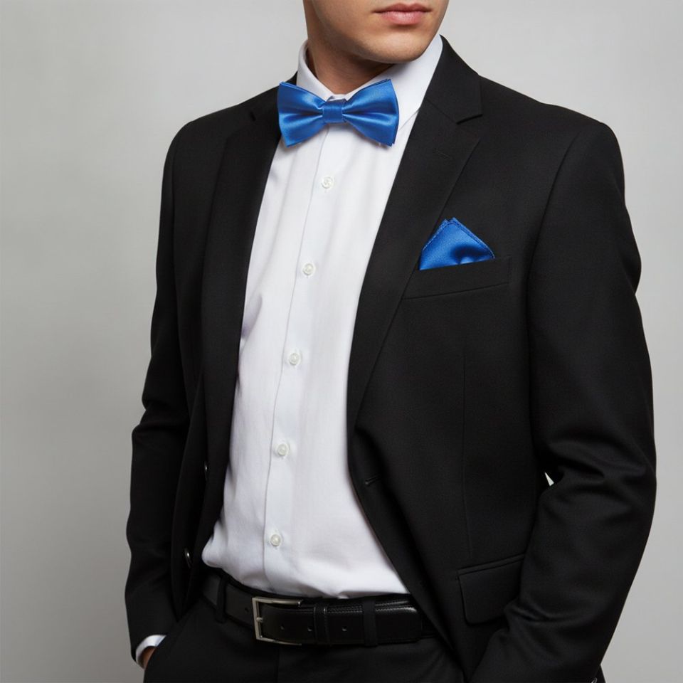 Plain Electric Blue Hand Made Mens Bow Tie and Pocket Square Set