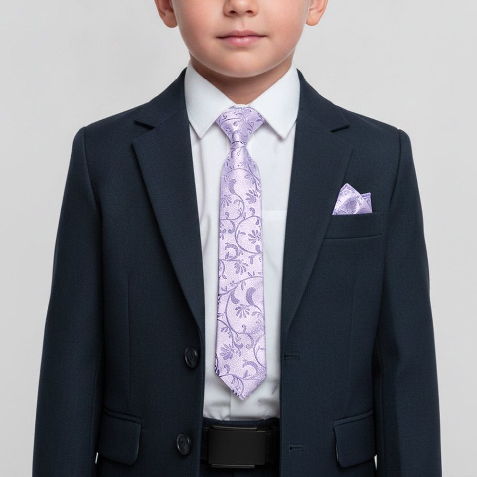 Pre Tied Lavender Floral Boys Tie and Pocket Square Set Age 4-7