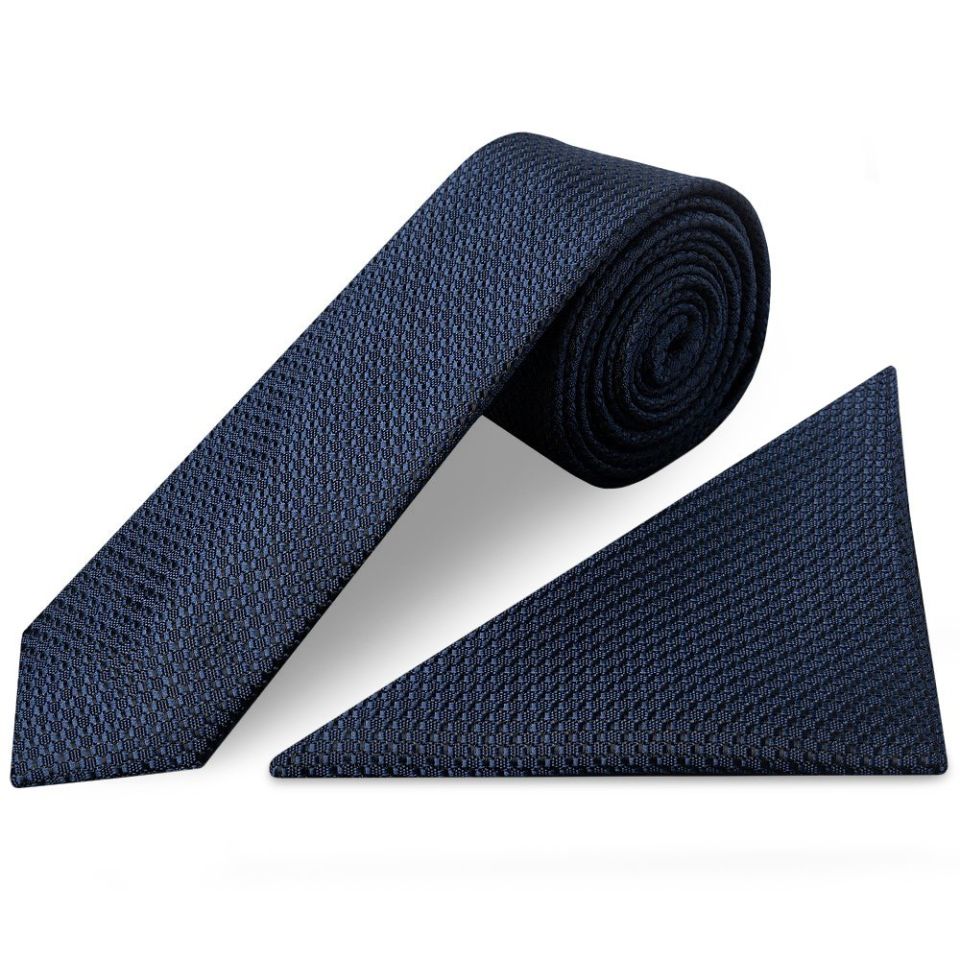 French Navy Textured Skinny Tie and Pocket Square Set