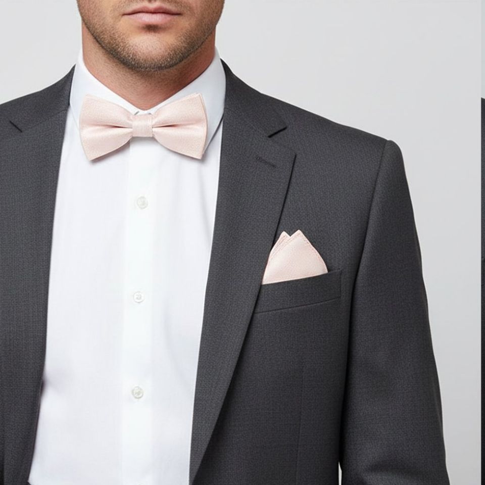 Blush Pink Textured Silk Men's Bow Tie and Pocket Square Set