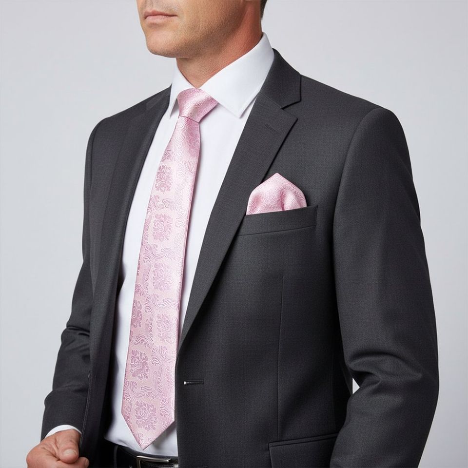 Light Dusty Pink Paisley Classic Men's Tie and Pocket Square Set