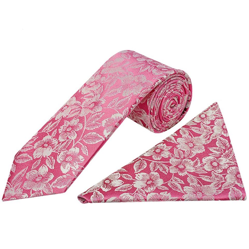 Mens Dusty Pink Floral Silk Classic Tie and Pocket Square