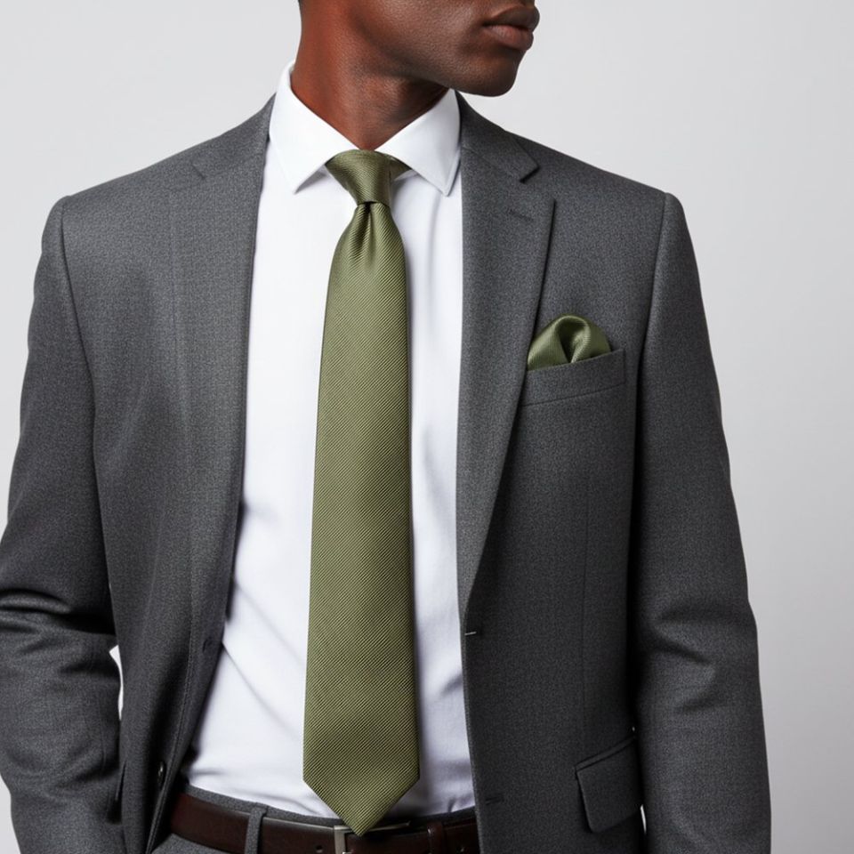 Olive Silk Twill Classic Men's Tie and Pocket Square Set