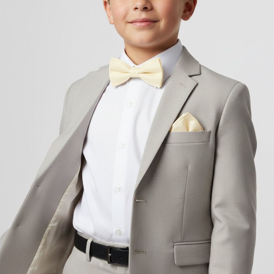 Boys Pre Tied Ivory Silk Bow Tie and Pocket Square Set Age 8-11