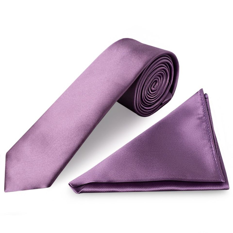Plain Light Mauve Satin Skinny Boys Tie and Pocket Square Set