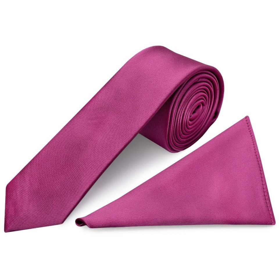 Fuchsia Pink Satin Skinny Men's Tie and Pocket Square Set