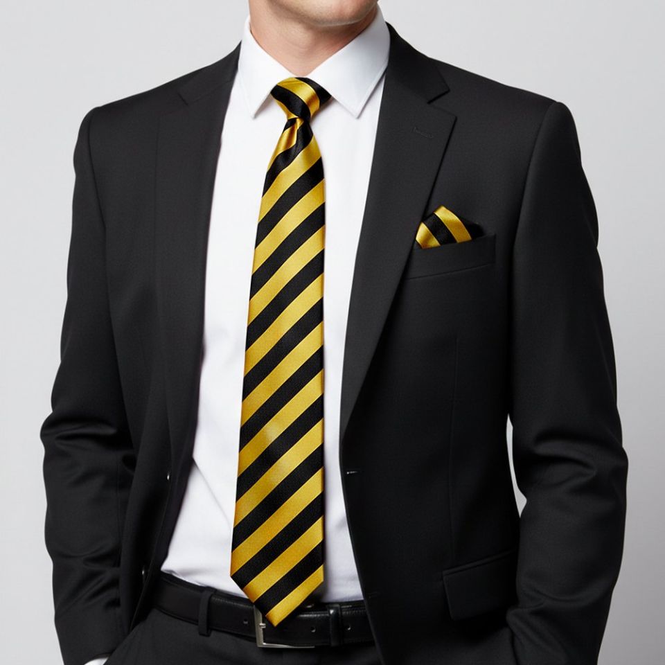 Black and Gold Striped Classic Men's Tie and Pocket Square Set