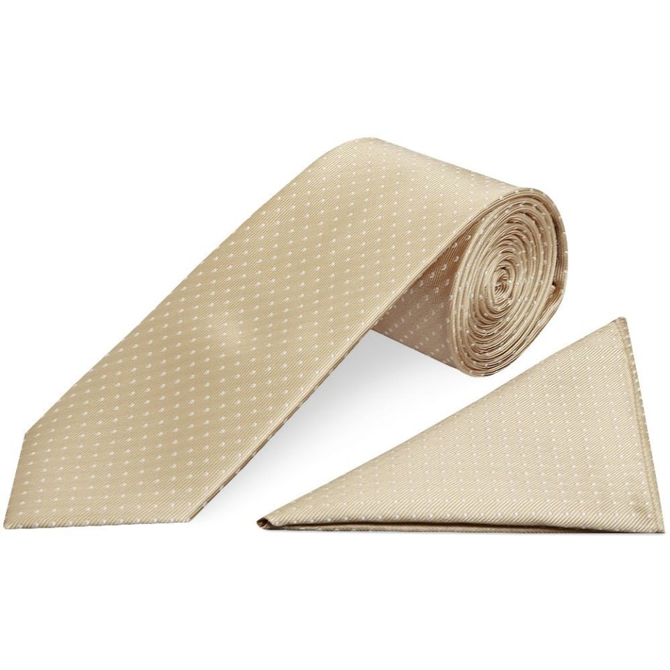 Champagne and White Polka Dot Classic Men's Tie Pocket Square Set