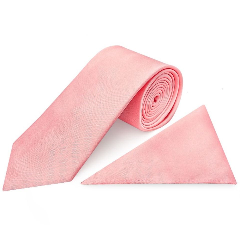 Plain Blush Rose Satin Classic Mens Tie and Pocket Square Set