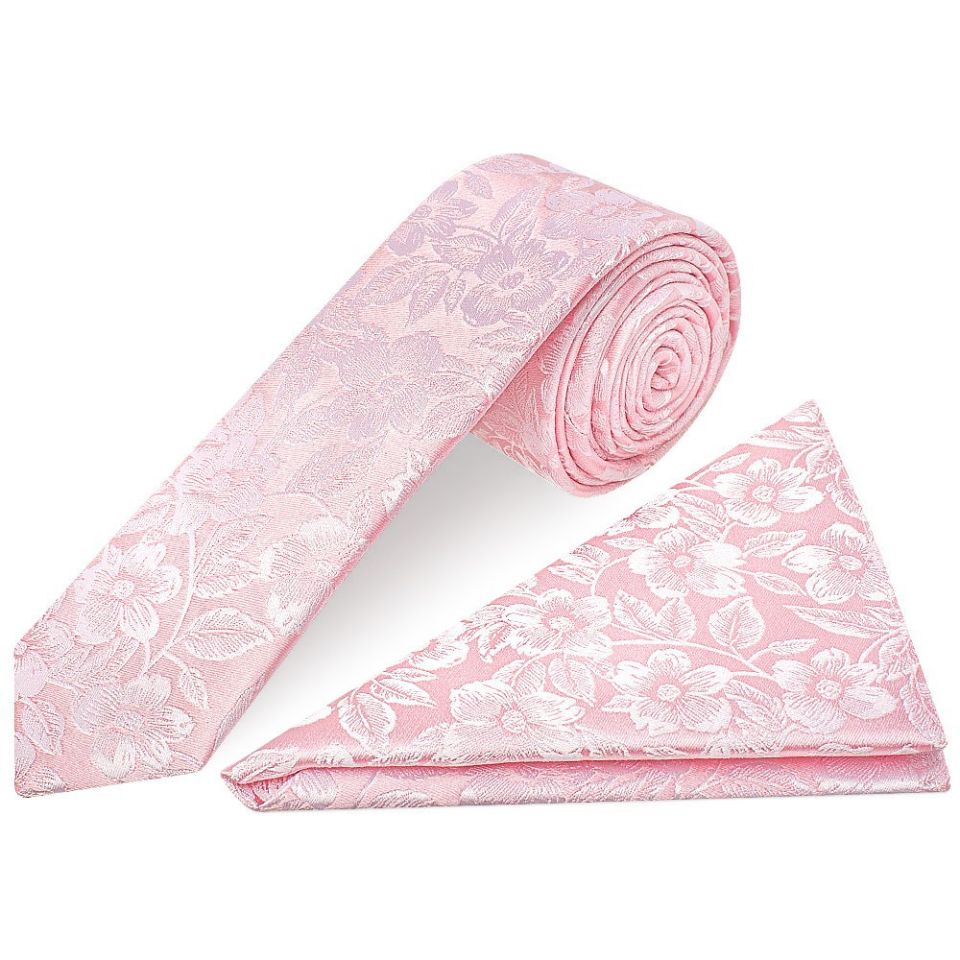 Mens Blush Pink Floral Silk Skinny Tie and Pocket Square
