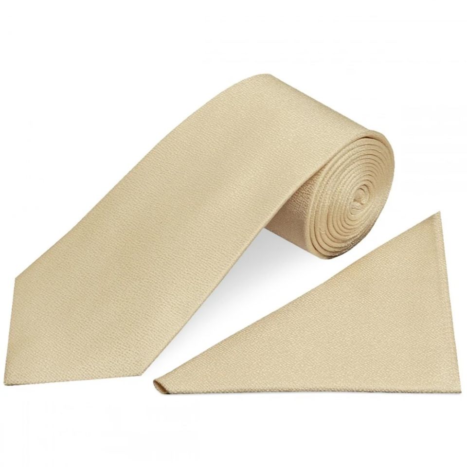 Plain Champagne Textured Silk Classic Men's Tie and Pocket Square Set