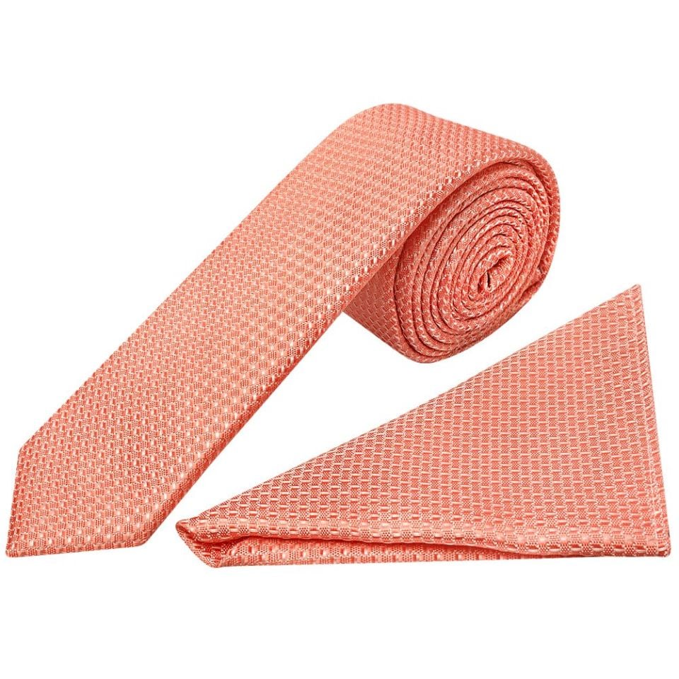 Coral Textured Skinny Tie and Pocket Square Set